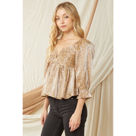 Entro Leopard Iridescent Babydoll Top, Camel - Picture 3 of 6